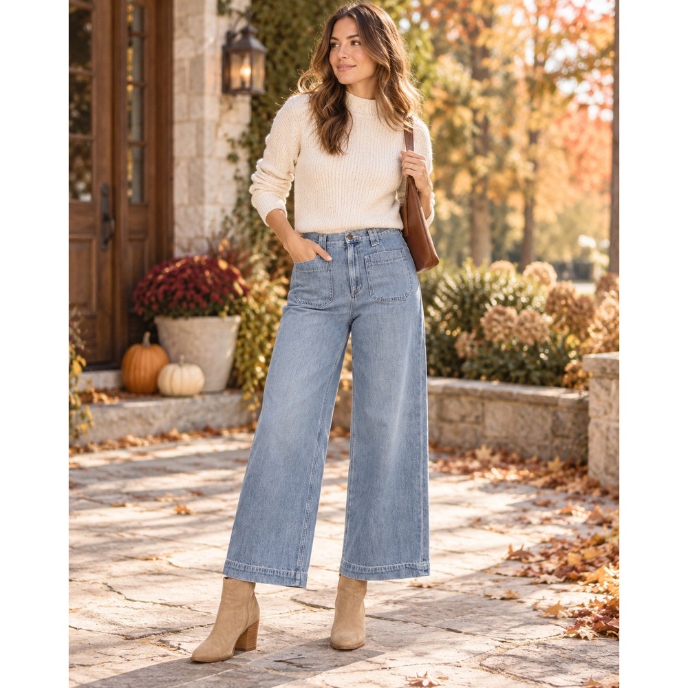 Etica Women 28 Wide Leg Jeans Light Wash High Rise Utility Patch Pocket EW18311
